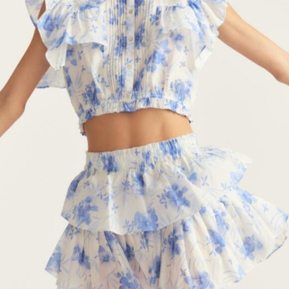 Ruffle Mini Skirt LoveShackFancy Strong Current Blue Floral NWT Size M - Picture 3 of 4